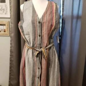 Liz Claiborne Safari Spice- Paris Red Stripe, Linen Blend Button Front Dress